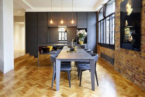 Великолепная кухня в черном с кирпичной стеной 02