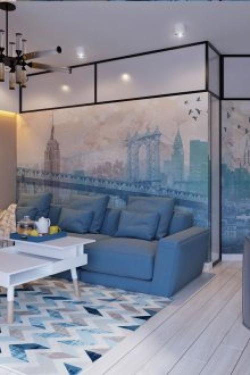 Сочетание голубого и коричневого в интерьере. Гостиная комната