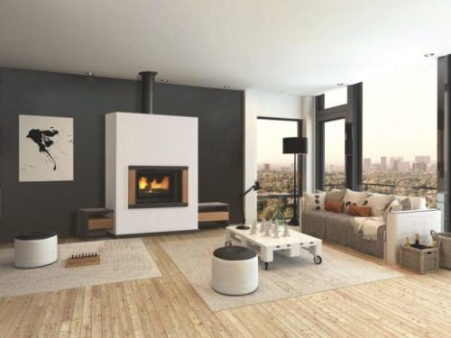 Телевизор над угловым камином. Дизайн интерьера гостиной с камином