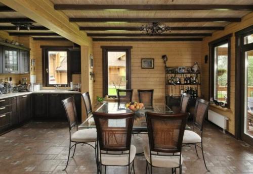 Интерьер кухни-гостиной в деревянном доме. Выбор стиля кухни с деревянными стенами