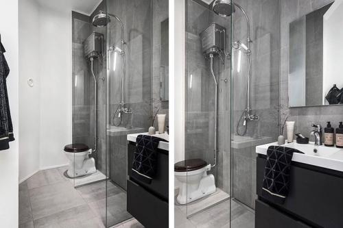 Двухуровневая квартира с черно-белой кухней и чердаком в Швеции 24