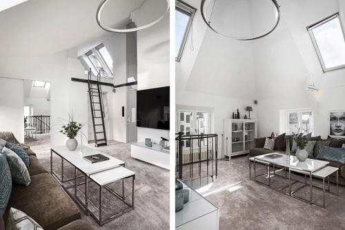 Двухуровневая квартира с черно-белой кухней и чердаком в Швеции 16