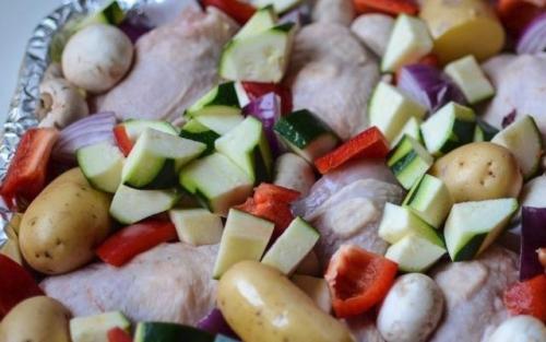 Курица в духовке кусочками с овощами. Курица, запеченная с овощами и шампиньонами в духовке