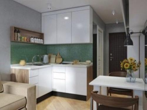 Современная кухня в однокомнатной квартире. Размещение мебели 03 Современная кухня в однокомнатной квартире. Размещение мебели 03