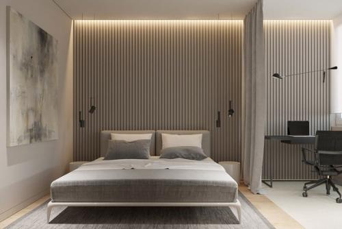 Текстурированная стена освещением по периметру потолка подчеркивается.