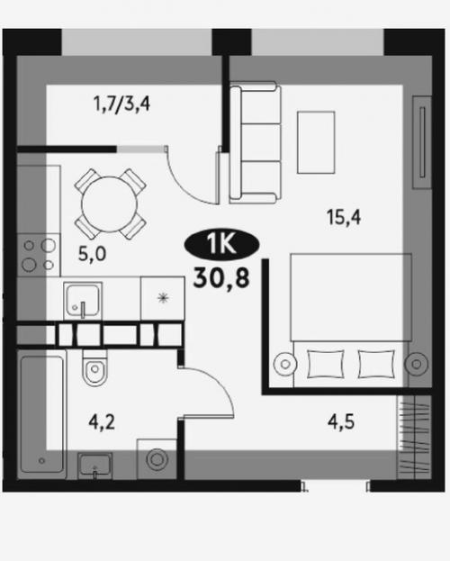 Квартира - студия, площадью - 30, 8 кв. 08