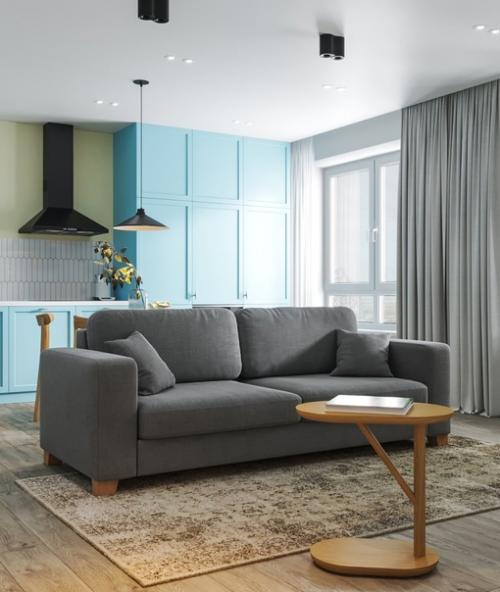 Двухкомнатная квартира с голубой кухней.