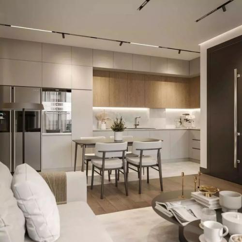 Интерьер кухни - гостиной и спальни в едином стиле.