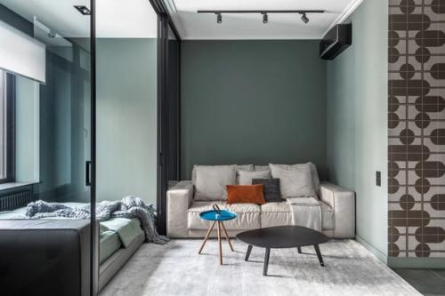 Современный интерьер однокомнатной квартиры в насыщенных природных оттенках. 07