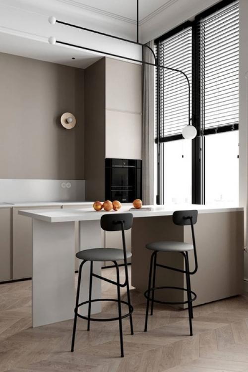 Монохромный интерьер в бежевых оттенках, разбавленный необычными элементами декора, мебели и освещения. 02