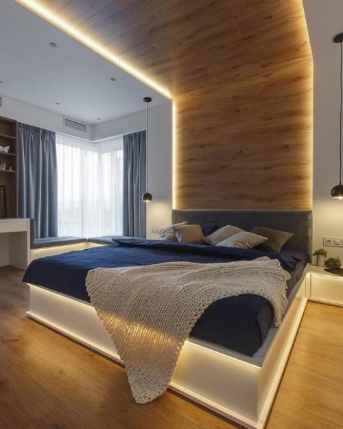 Потолок, как продолжение стены в интерьере спальни.