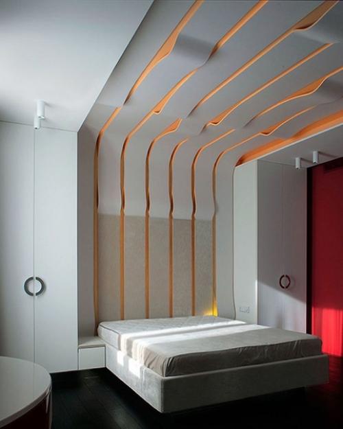 Потолок, как продолжение стены в интерьере спальни. 01
