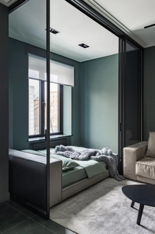 Современный интерьер однокомнатной квартиры в насыщенных природных оттенках. 01