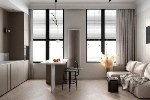 Монохромный интерьер в бежевых оттенках, разбавленный необычными элементами декора, мебели и освещения. 03