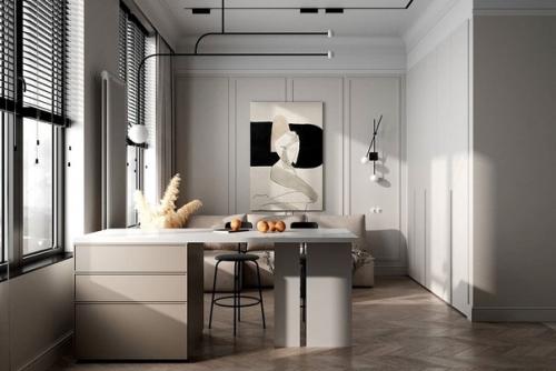 Монохромный интерьер в бежевых оттенках, разбавленный необычными элементами декора, мебели и освещения. 04