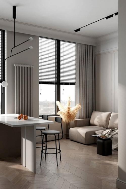 Монохромный интерьер в бежевых оттенках, разбавленный необычными элементами декора, мебели и освещения. 01