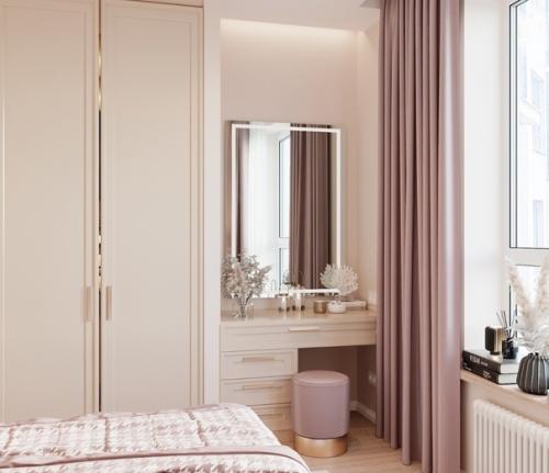 Нежная, уютная спальня в мягких бежевых полутонах площадью 16 кв. 03