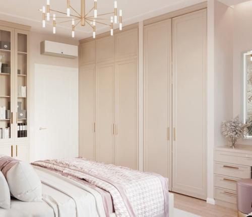 Нежная, уютная спальня в мягких бежевых полутонах площадью 16 кв. 01