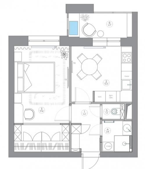 Однокомнатная квартира с изолированной кухней и гардеробной в спальне. 09