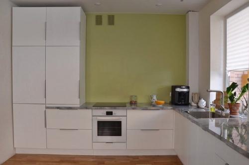 Кухня - гостиная с оливковой стеной. 06