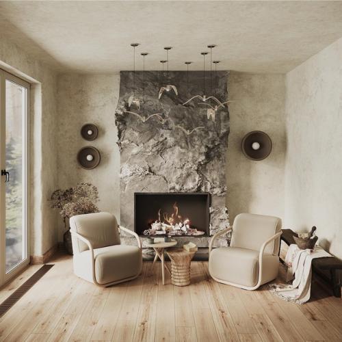 Необычный интерьер каминной комнаты в загородном доме.