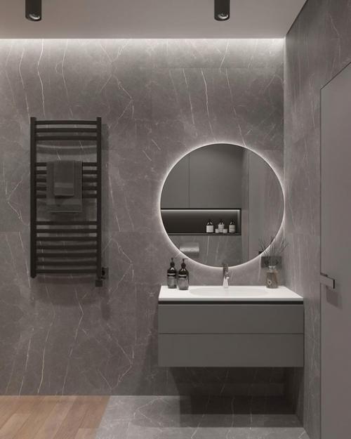 Интерьер санузла. За основу дизайна выбрана серая гамма, которую красиво разбавили современной подсветкой. 02