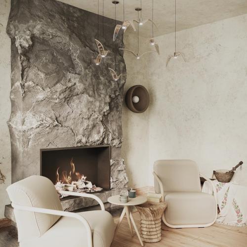 Необычный интерьер каминной комнаты в загородном доме. 01