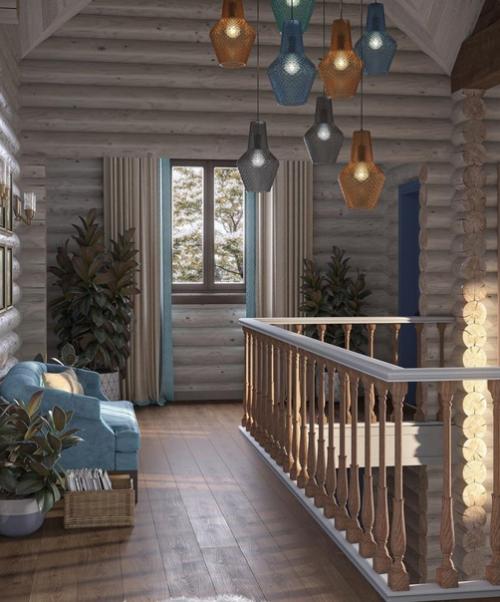 Невероятная красота. Уютный холл в зоне второго этажа загородного дома, откуда можно любоваться красивым видом. 02