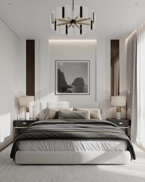 Шикарная спальня. Чистый интерьер, без обилия пестрого текстиля и обоев.