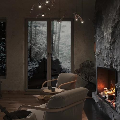 Необычный интерьер каминной комнаты в загородном доме. 03