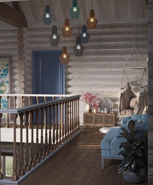 Невероятная красота. Уютный холл в зоне второго этажа загородного дома, откуда можно любоваться красивым видом. 03