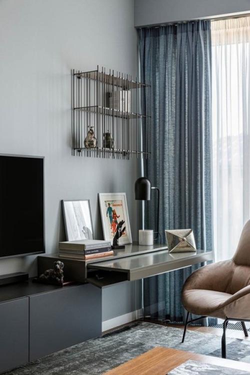 Интерьер 3-х комнатной квартиры в серых тонах с крутыми дизайнерскими решениями.