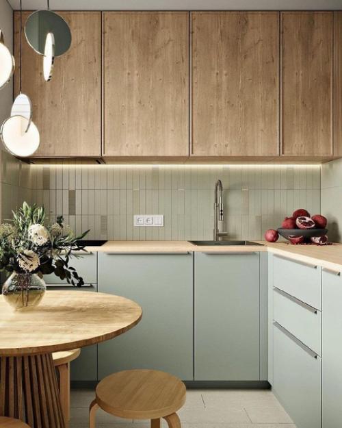 Приятная кухня в оливковом цвете с добавлением натурального дерева. 04