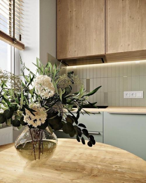 Приятная кухня в оливковом цвете с добавлением натурального дерева. 03