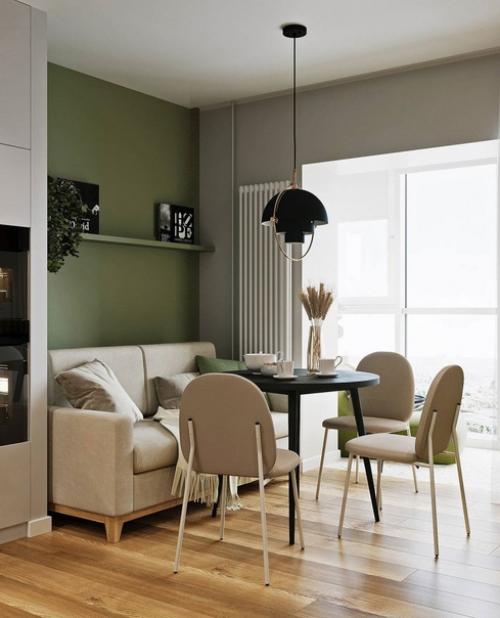 Интерьер однокомнатной квартиры в зеленых и бежевых тонах, площадью 46, 5 кв. 03