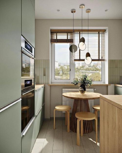 Приятная кухня в оливковом цвете с добавлением натурального дерева. 05