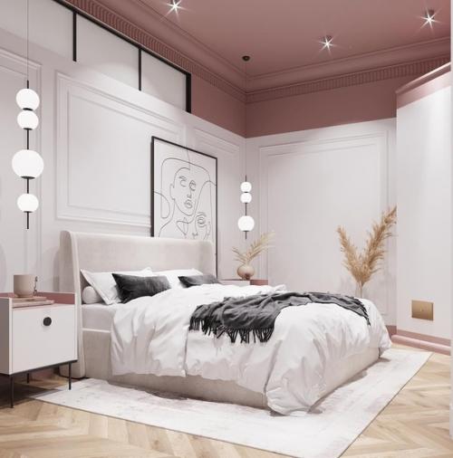 Нежная спальня.  Интересное оформление не обычной планировки.