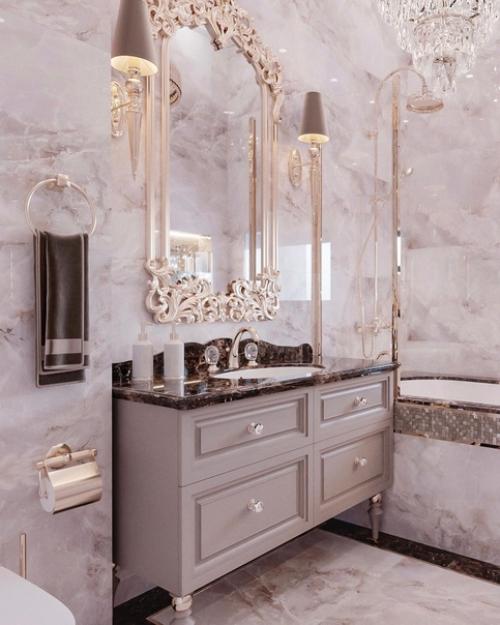 Классические мотивы в интерьере ванной комнаты загородного дома.