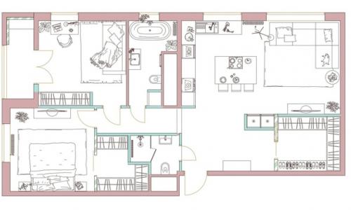 Трехкомнатная квартира с окном в ванной и кухонным островом. 09