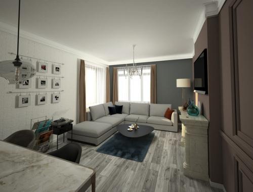 Гостиная, совмещённая с кухней для взрослой семейной пары в стиле американская неоклассика. 06