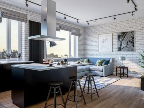 Трехкомнатная квартира с окном в ванной и кухонным островом.