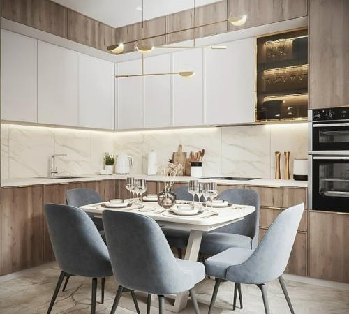 Светлая кухня - гостиная - пример продуманного и рационального дизайна, где каждый квадратный метр работает на комфорт и эстетику.  