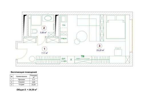 Яркая студия, в которой уместили кухню, гостиную и спальню. 09