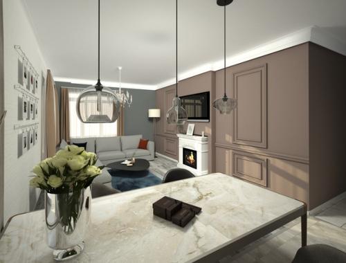 Гостиная, совмещённая с кухней для взрослой семейной пары в стиле американская неоклассика. 07