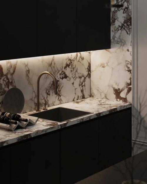 Минималистичная кухня - гостиная пентхауса со вторым светом и мансардными окнами. 03