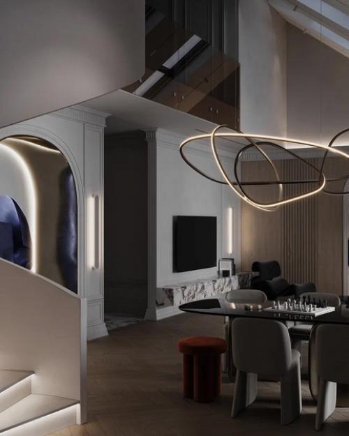 Минималистичная кухня - гостиная пентхауса со вторым светом и мансардными окнами. 05