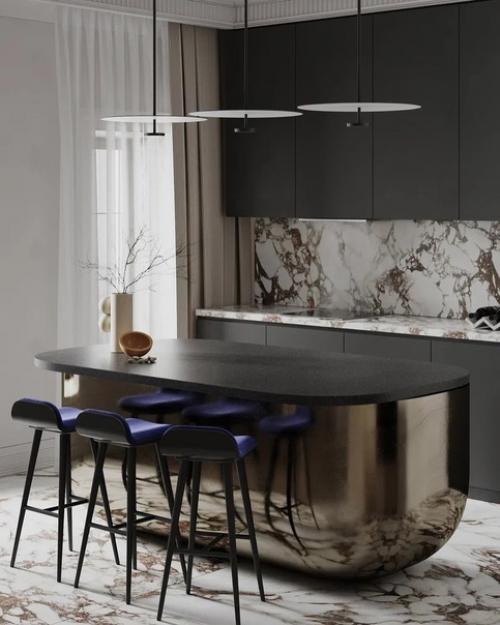 Минималистичная кухня - гостиная пентхауса со вторым светом и мансардными окнами. 01