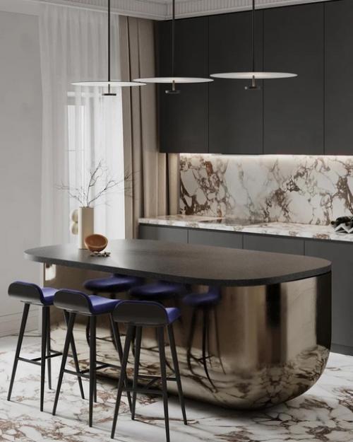 Минималистичная кухня - гостиная пентхауса со вторым светом и мансардными окнами.