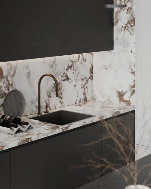 Минималистичная кухня - гостиная пентхауса со вторым светом и мансардными окнами. 02