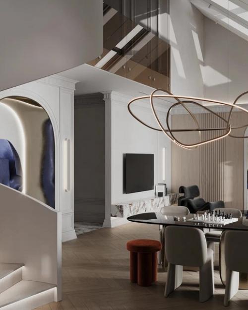 Минималистичная кухня - гостиная пентхауса со вторым светом и мансардными окнами. 04